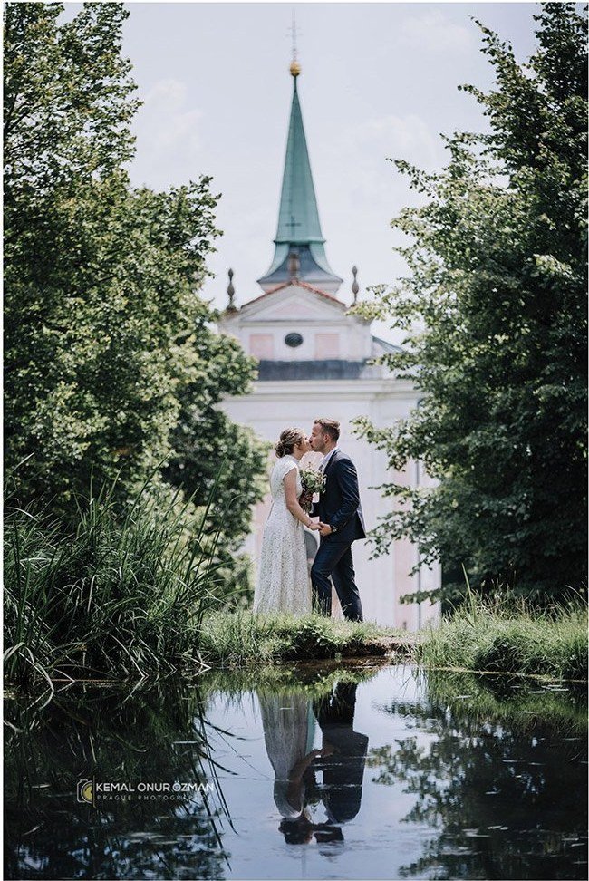 Prague Wedding Planner – Weddings, Elopements & Proposals in Prague 2 Couple reflected in a pond in front of a white chapel
